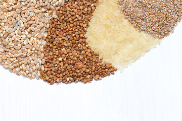 Four cereals on a white background