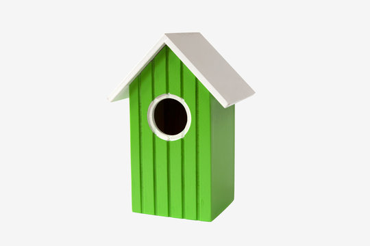 green nest box birdhouse house for birds isolated on white backg