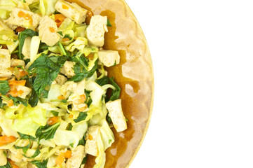 Tofu stir fry cabbage and basil vegetarian isolated