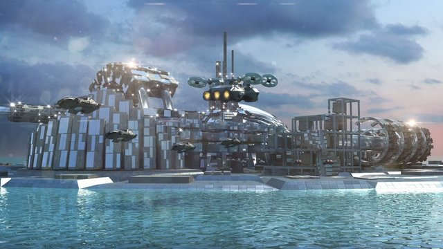 Science fiction city scape with marina and hoovering aircrafts