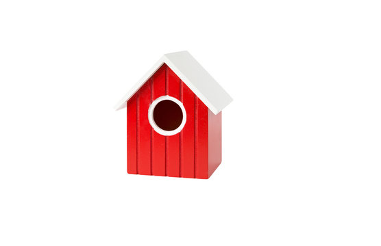 front view on red nest box birdhouse house for birds isolated on