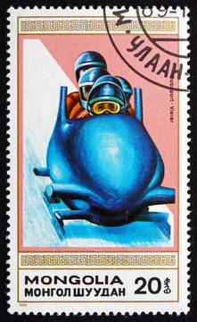 Postage stamp Mongolia 1990 4-man Bobsled