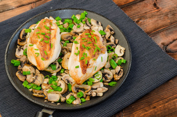 Chicken breast with mushrooms and spring onions on pan