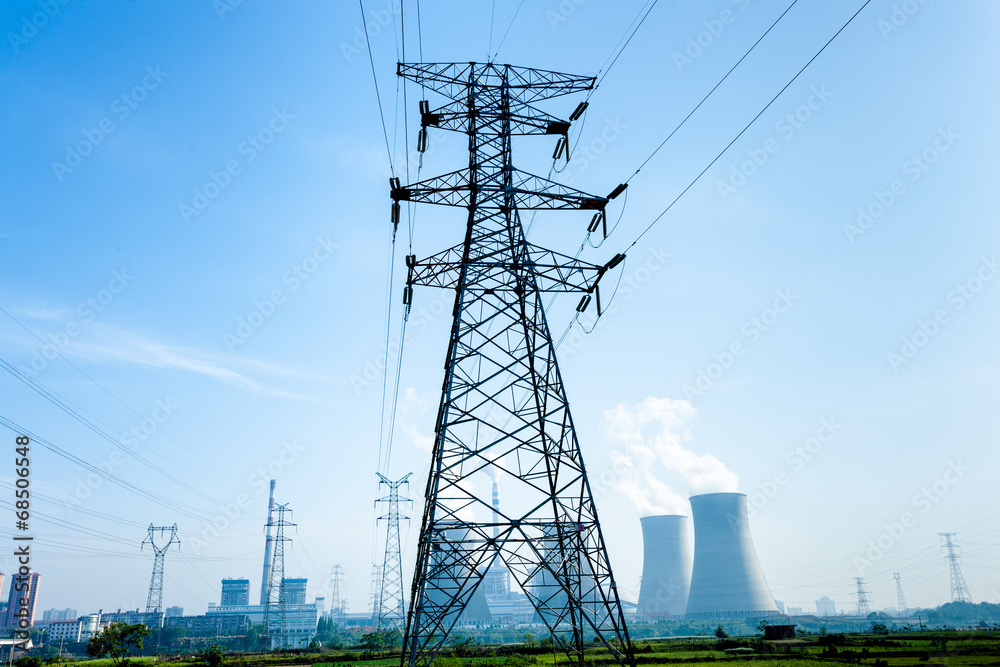 Wall mural high voltage post.High-voltage tower sky background.