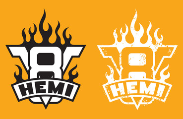 V8 Hemi engine emblem with flames and grunge option