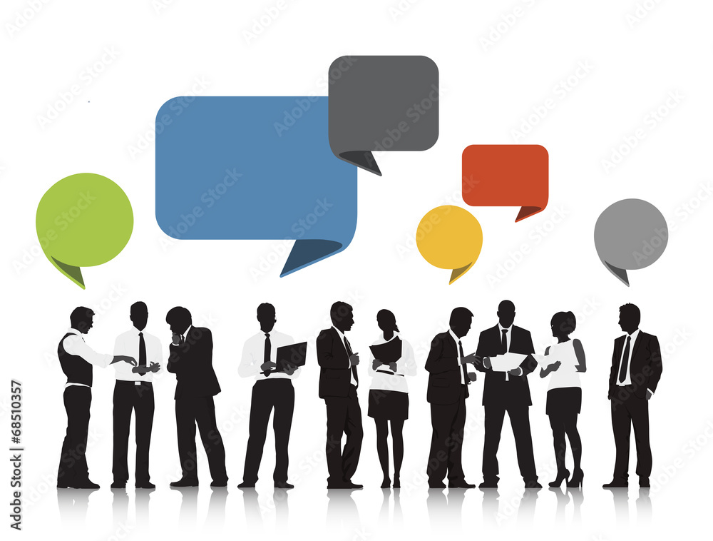 Wall mural silhouette of business people with speech bubbles - Wall murals