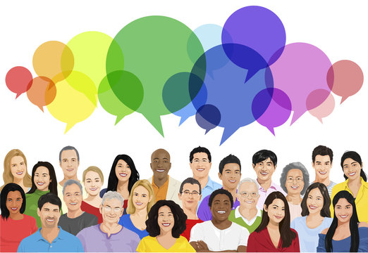 Vector of Multiethnic Cheerful People with Speech Bubble