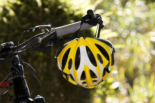 Fototapeta cycling helmet closeup on bicycle outdoors