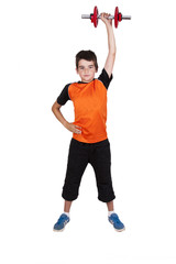 boy doing gymnastics with weights on white background