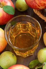 autumn drink - apple cider or juice in a glass, top view