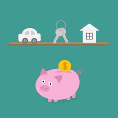 Piggy bank an shelf with car key house. Flat design
