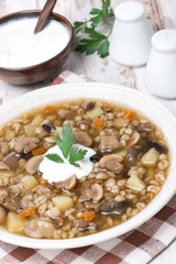 mushroom soup with vegetables and pearl barley, vertical