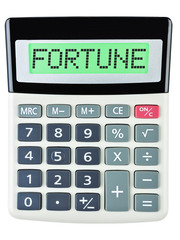 Calculator with FORTUNE on display on white background