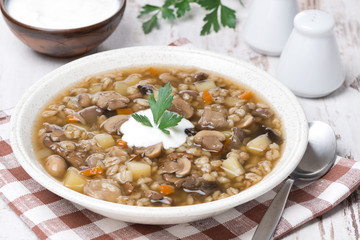 mushroom soup with vegetables and pearl barley