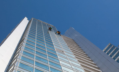Obraz premium industrial climbers clean windows of high-rise buildings