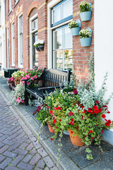 Pots with flowering plants in a Dutch street