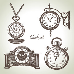 Obraz na płótnie Canvas Hand drawn set of clocks and watches