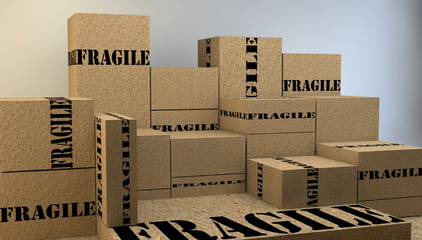 Pile of cardboard boxes with fragile sign ready to be shipped