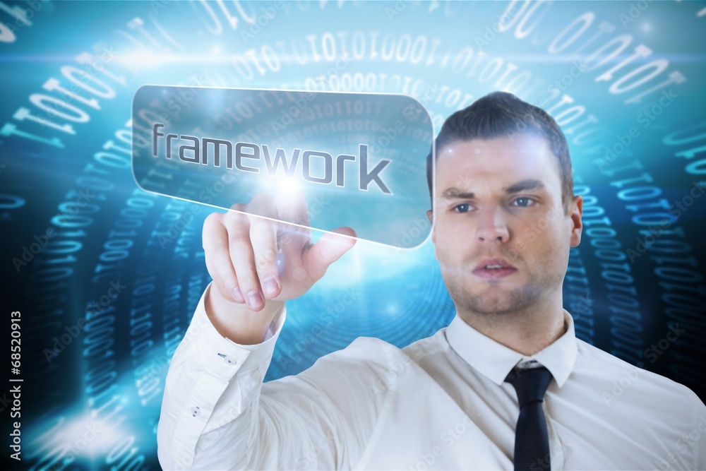 Poster businessman pointing to word framework