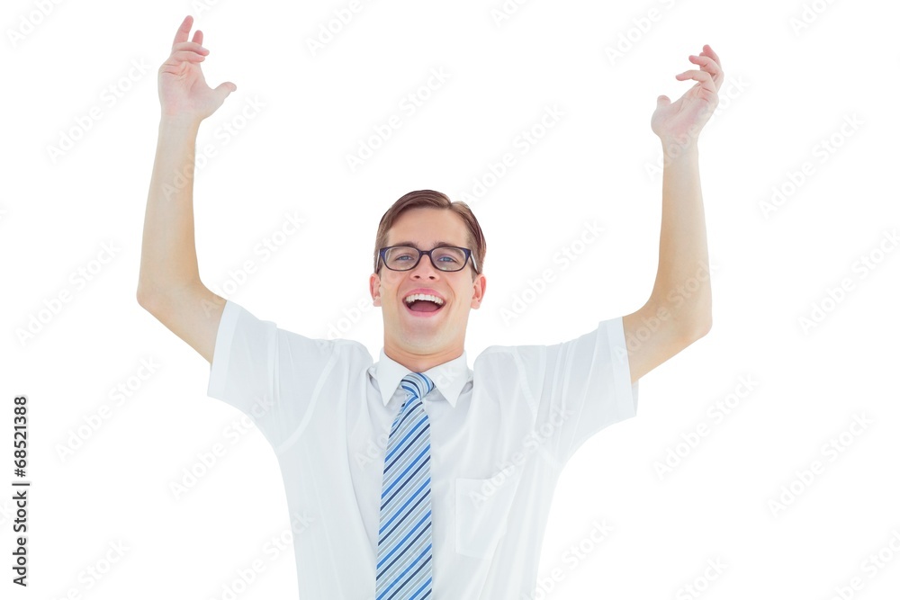 Poster geeky happy businessman with arms up