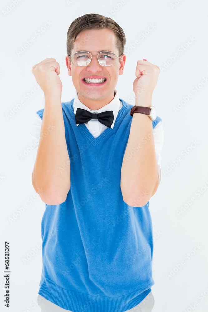 Poster geeky hipster cheering at camera