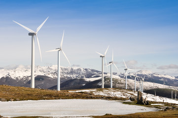 Wind turbines farm in winter, Basque Country, Spain
