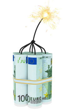 Dynamite composed of euro bills with a burning wick
