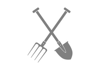 Grey spade and pitchfork on white background