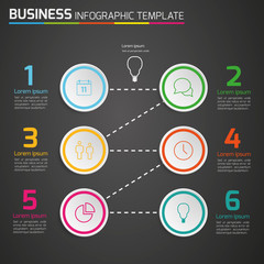 Dark info graphic timeline template with icons, circle 6 steps,