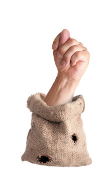 Sac which sticks out of hand with fig sign