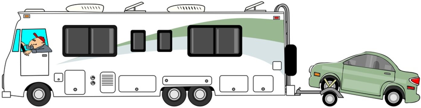 Motorhome Towing A Car On A Dolly