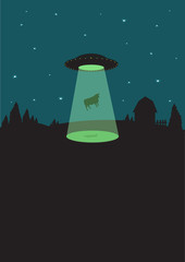 Fototapeta premium 1950s Alien Flying Saucer Beams up a Cow Vector and Raster