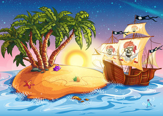 Illustration of the island with a pirate ship © nearbirds