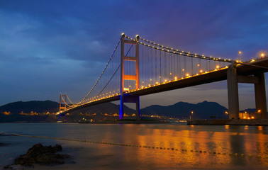 night view of the bridge Tsing Ma in Hong Kong