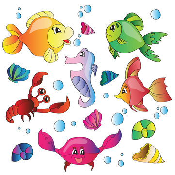 Vector set of images of the marine life