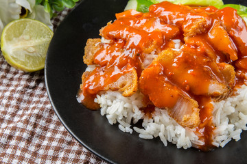Crispy roasted belly pork chinese style and rice