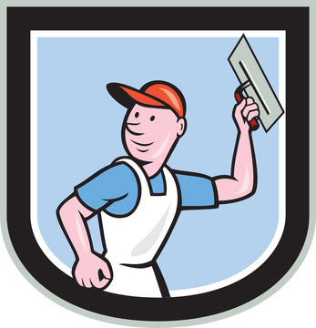 Plasterer Masonry Worker Shield Cartoon