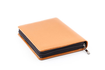 Brown leather diary book.