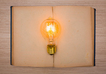 vintage book and light bulb on wood table