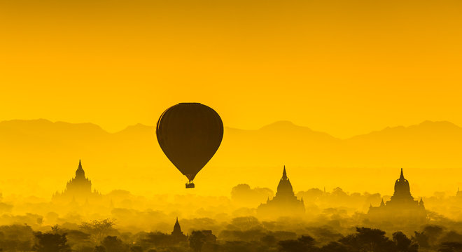 Balloon Over Plain Of Bagan In Misty Morning, Myanmar