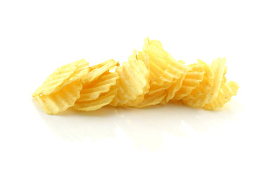 Stack of potato chips on a white background