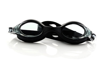 Black swimming goggles on white background.