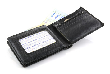 Leather wallet and banknotes on a white background.