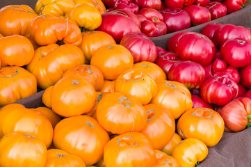 Heirloom tomatoes on display at the market