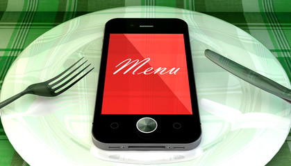 Mobile phone with menu text, on plate with fork and knife