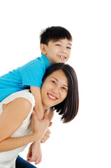 Asian mother piggyback her son