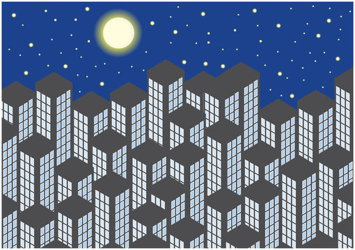 vector cartoon illustration of skyscrapers by night