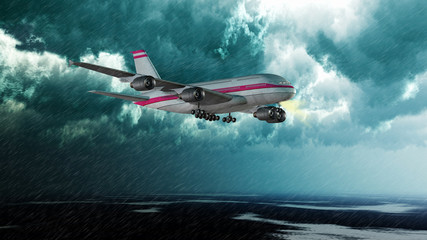 Verkehrsflugzeug im Landeanflug bei Starkregen