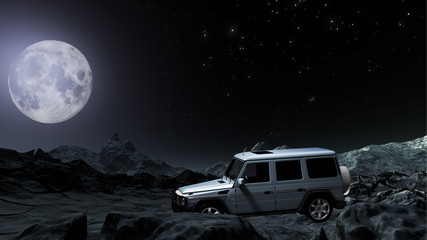 Fototapeta na wymiar Geländewagen in einer Mondlandschaft bei Nacht