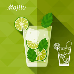 Illustration with glass of mojito in flat design style.